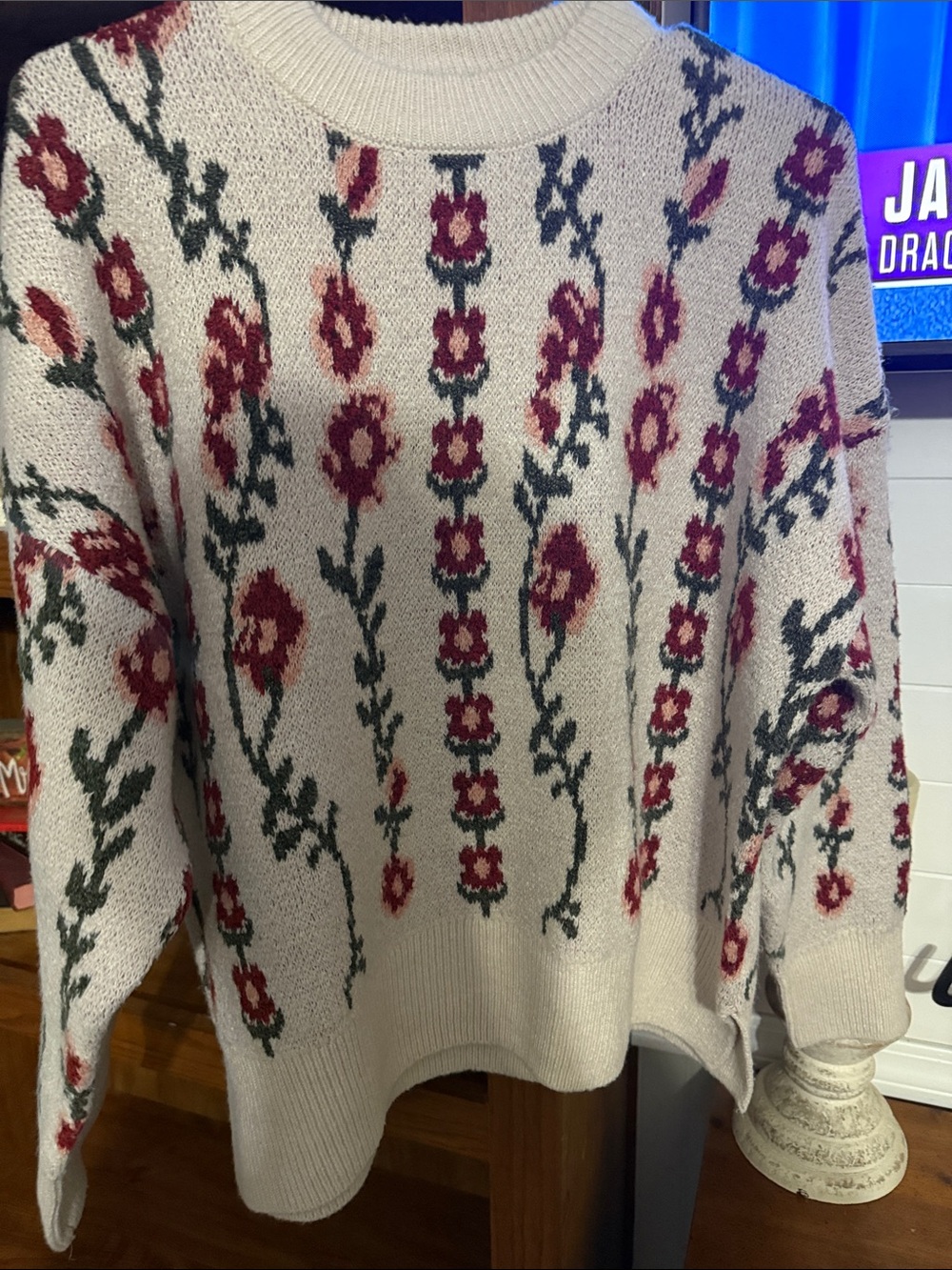 Sincerely Jules Cream Crewneck Sweater with Red Floral & Green Stems